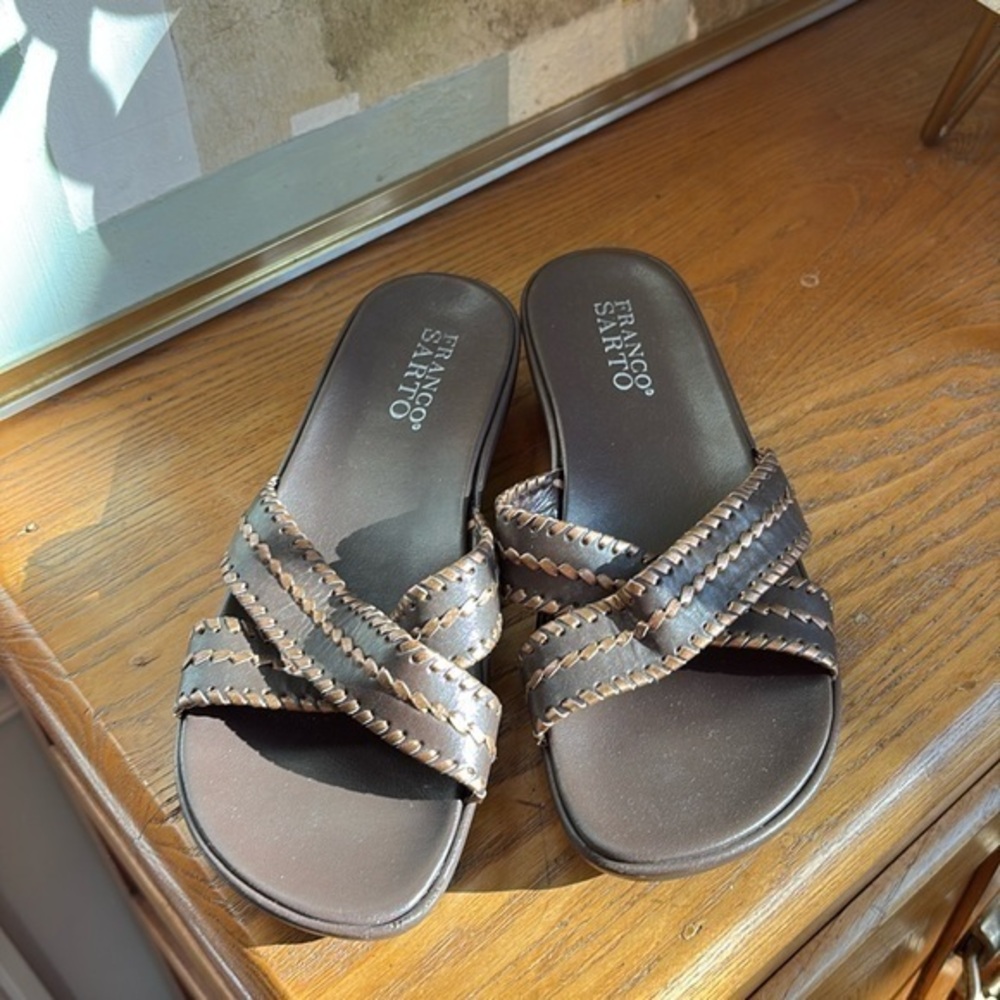 🦥 Franco Sarto, brown and bronze two strap, leather sandal slides